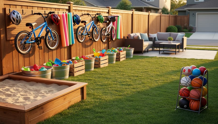 Organized backyard with galvanized tubs and vintage crates holding sand toys by a sandbox, bikes and pool noodles hanging from hooks on a wooden fence with pegboard, and a small rack storing balls near the lawn under warm golden-hour light; patio furniture and a driveway blur in the background.