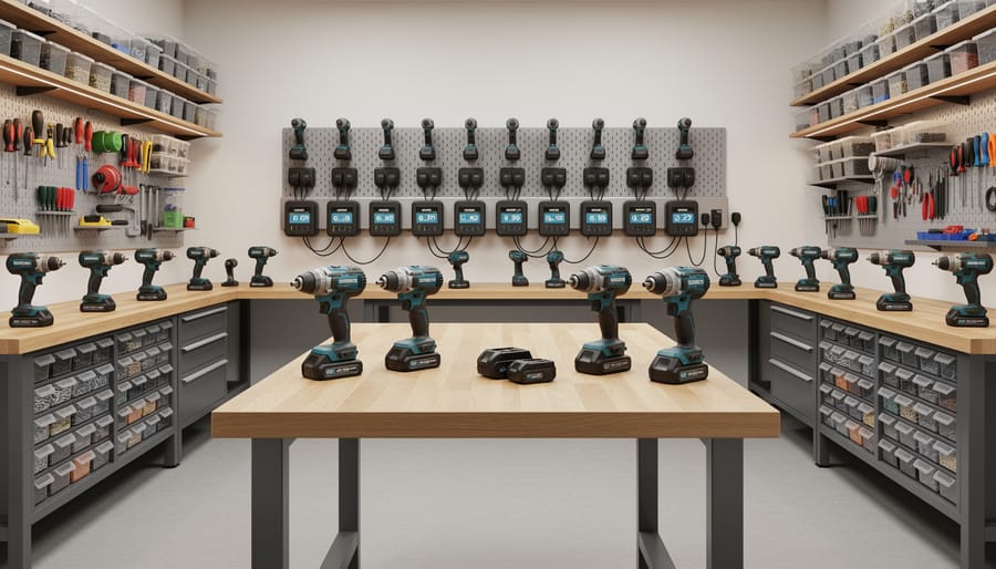 Organized workshop wall with cordless tools from single battery platform and shared charging station