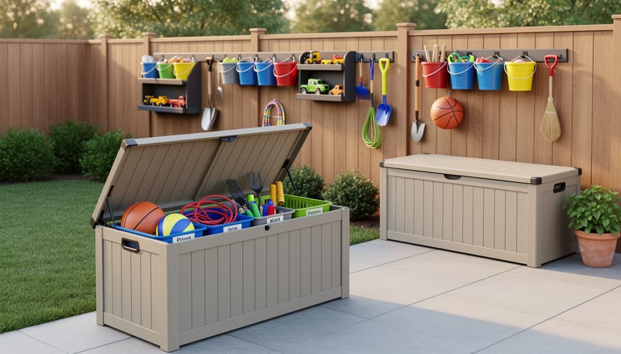 Organized backyard storage featuring deck box and wall-mounted wire baskets with neatly stored outdoor toys