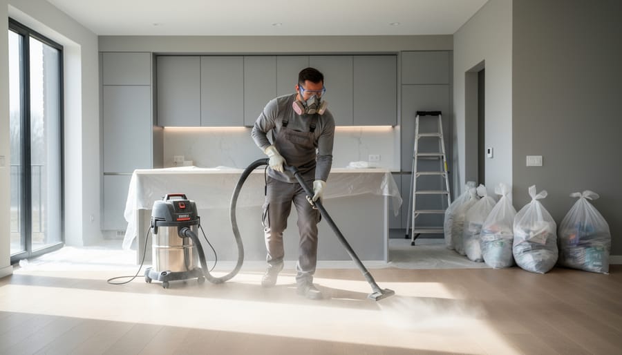 Homeowner wearing respirator, gloves, and goggles vacuuming drywall dust with a HEPA shop vacuum in a newly renovated open-plan living room and kitchen, with new cabinetry, covered countertops, ladder, and sealed debris bags in soft natural daylight.
