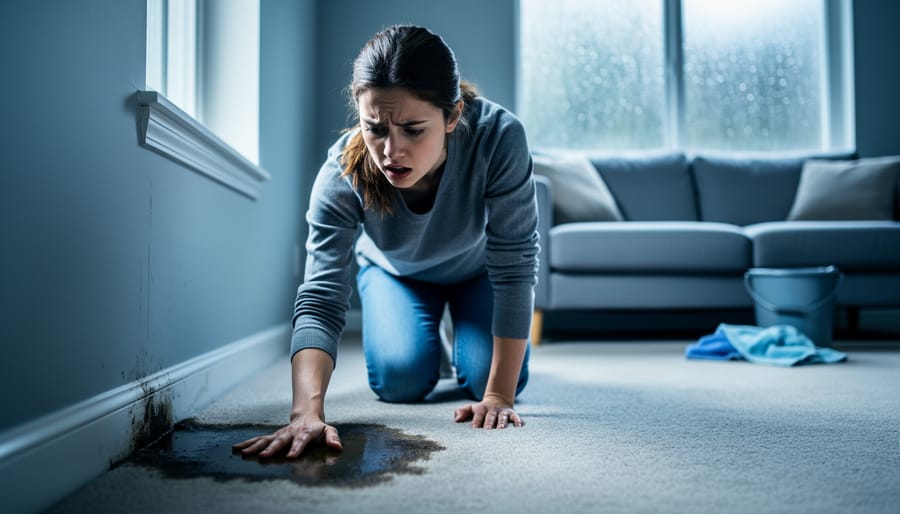 Concerned tenant kneels on living room carpet, touching a dark wet stain near the baseboard, with a sofa, rain-streaked window, and a small bucket and towels blurred in the background.