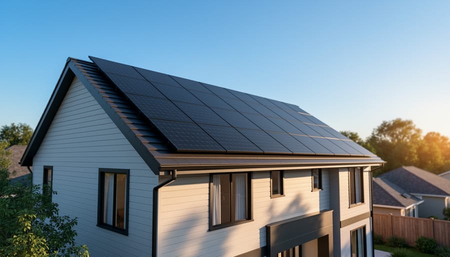 Low-angle view of sleek black solar panels covering a suburban home’s roof in warm golden-hour light, with a clear blue sky and softly blurred neighboring roofs and trees in the background.