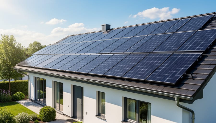 Solar panels installed on residential rooftop against clear blue sky