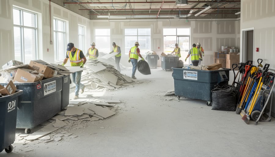 Construction worker using shop vacuum to clean construction debris and dust from hardwood floor