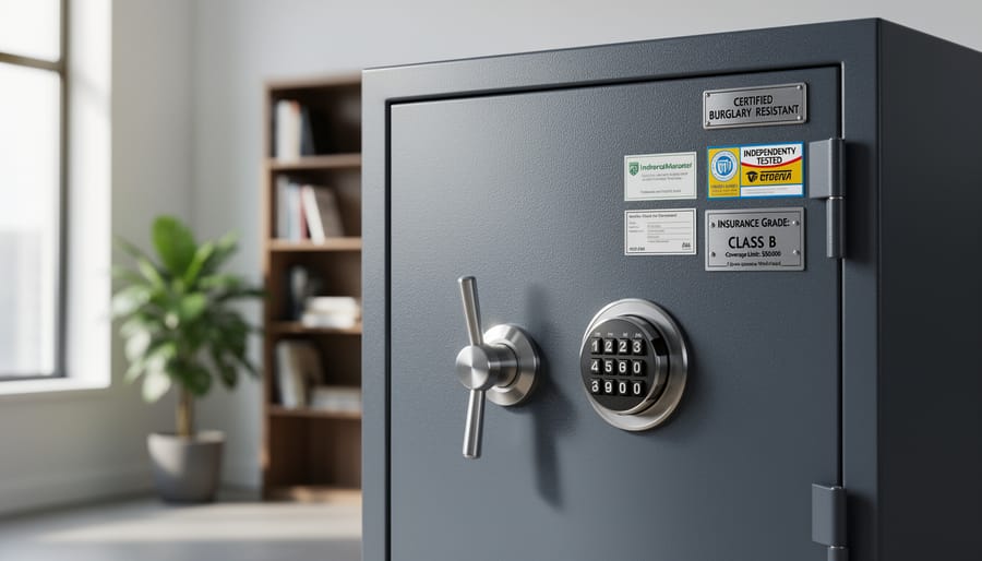 Home safe with visible UL certification label on door showing official burglary rating