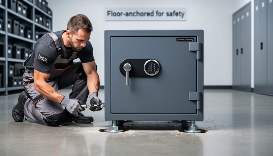 Home safe being professionally anchored to concrete floor with mounting bolts