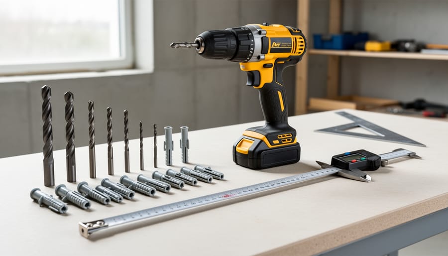 Safe installation tools including drill, anchor bolts, and measuring equipment laid out on work surface