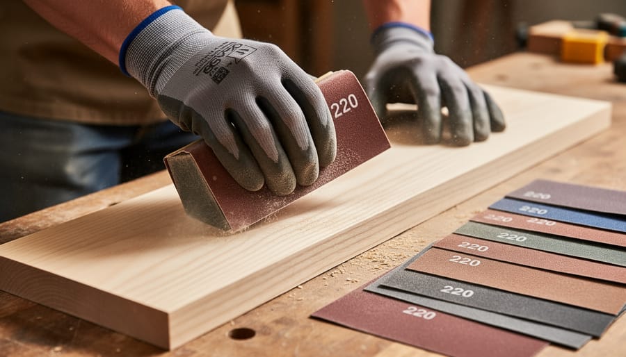 Orbital sander being used on wooden cabinet door showing sanding process