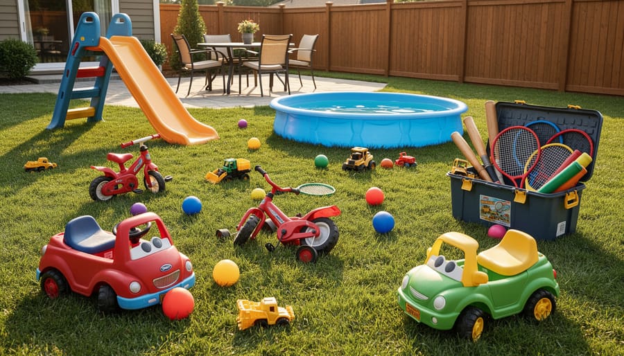 Colorful outdoor toys scattered messily across backyard lawn including balls, buckets, and ride-on toys