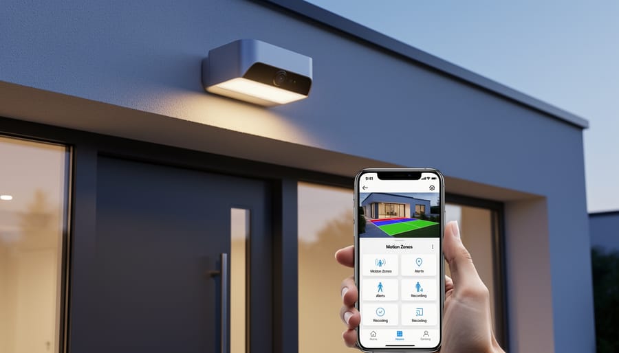 Person using smartphone to configure security camera light fixture settings