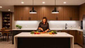 Eye-level wide photo of a modern kitchen where a person chops vegetables on a quartz countertop lit by bright under-cabinet LED strips, with warm dimmed recessed lights and pendants above; breakfast nook and pantry softly blurred in the background.