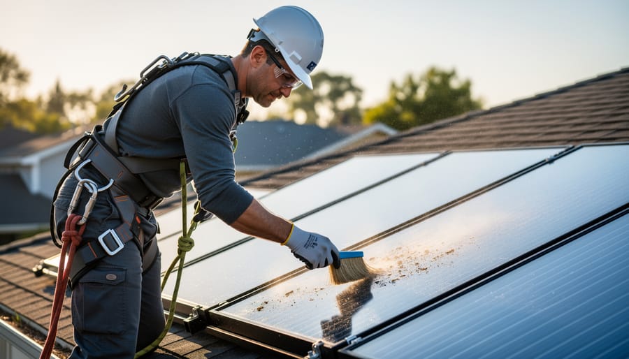 Technician in a safety harness cleaning glazed flat-plate solar thermal collectors on a suburban roof with a soft brush and water mist at golden hour, with rooftops and trees softly blurred behind.
