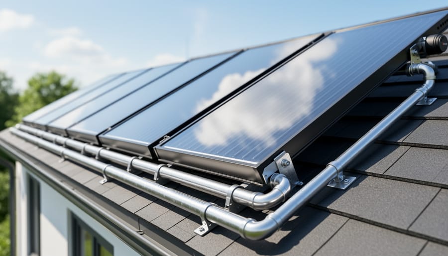 Solar hot water collector panels installed on residential roof showing piping connections
