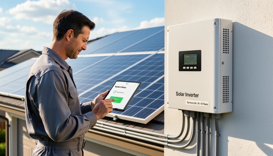 Close-up of residential solar inverter unit mounted on home exterior wall