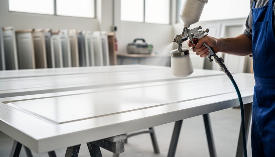 Person using HVLP paint sprayer to apply finish to cabinet door