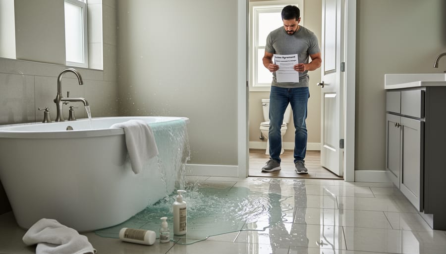 Bathtub overflowing with water spilling onto bathroom floor