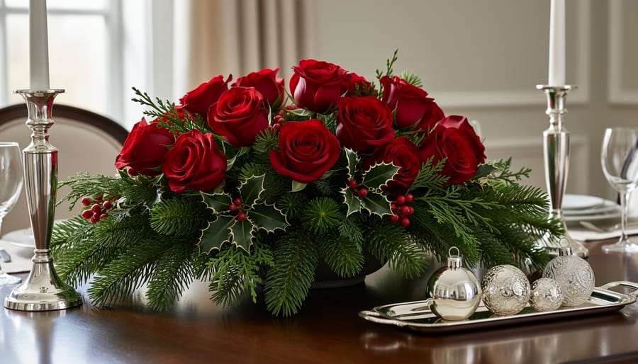 Overhead view of Christmas floral centerpiece with red roses, white flowers, pine branches, and silver ornaments on dining table