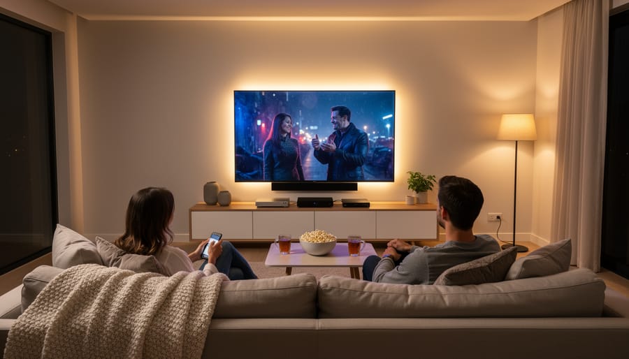 Living room with TV backlit by warm LED strip lighting creating ambient glow
