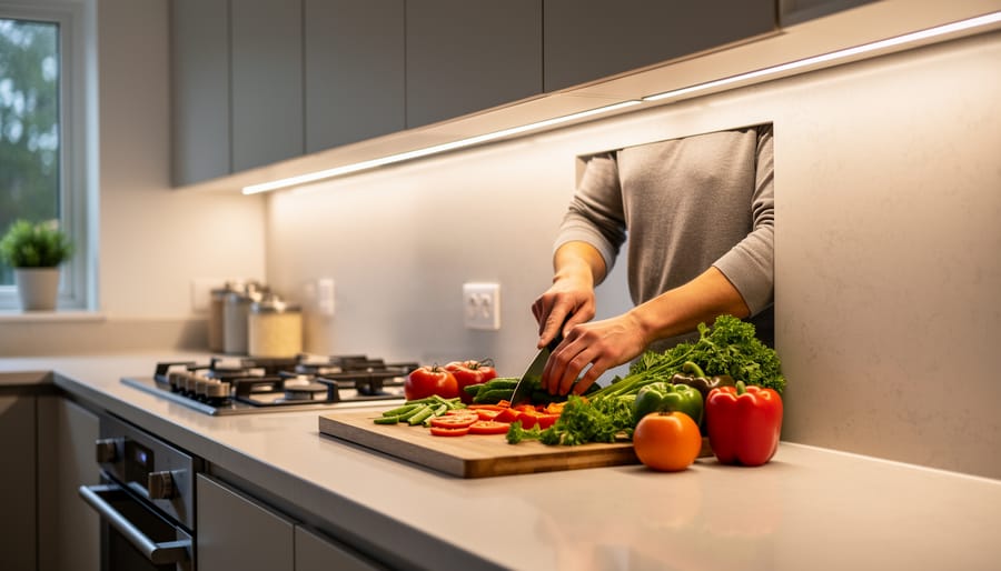 Modern kitchen counter illuminated by under-cabinet LED strip lighting with fresh vegetables