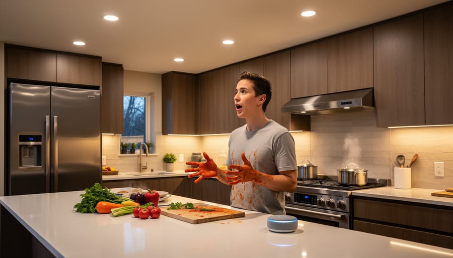 Cook with flour-covered hands near smart light switch illustrating need for voice control