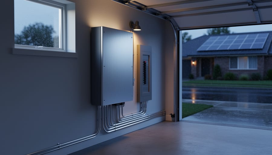 Wall-mounted metallic home battery cabinet connected to a breaker panel in a tidy garage, with rainy dusk and a dark neighborhood visible through a window and a faint glimpse of rooftop solar, conveying safe zinc-based backup power.
