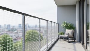 Transparent balcony pet netting mesh attached to balcony railings, showing a clear safety barrier that helps prevent pets from escaping or falling.
