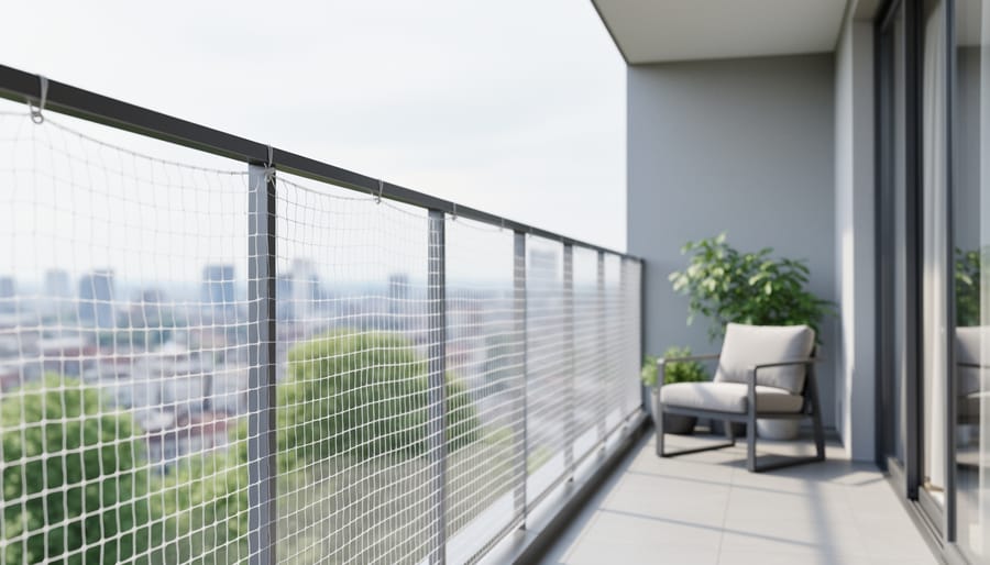 Transparent balcony pet netting mesh attached to balcony railings, showing a clear safety barrier that helps prevent pets from escaping or falling.