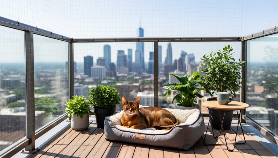 Cat relaxing on a balcony beside taut balcony pet netting stretched across the railing.