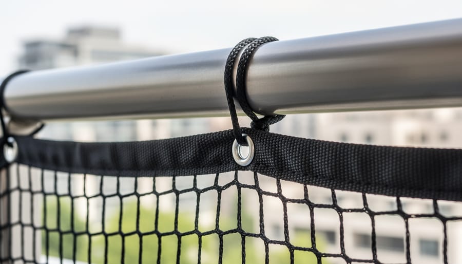 Close-up of balcony pet netting securely attached at the railing with bottom coverage visible.