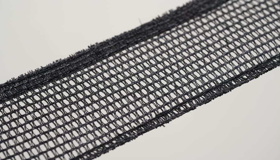 Hands inspecting balcony pet netting mesh grid size and material texture on a balcony.