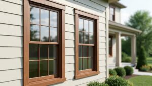 Close view of single-hung and casement windows on a classic Indiana home exterior in soft daylight.