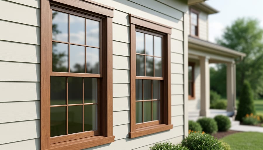 Close view of single-hung and casement windows on a classic Indiana home exterior in soft daylight.