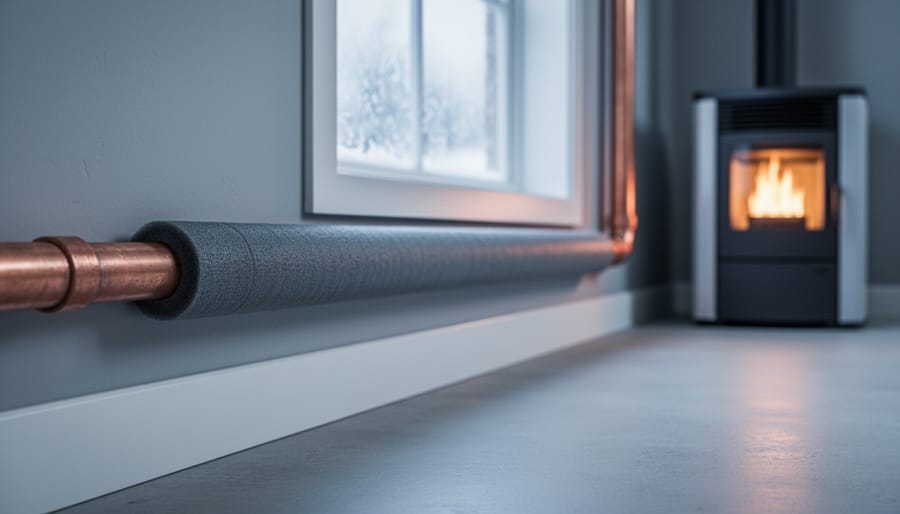 “Insulated copper plumbing pipe wrapped in foam near an exterior wall, with a frosted window and warm indoor light in the background.”