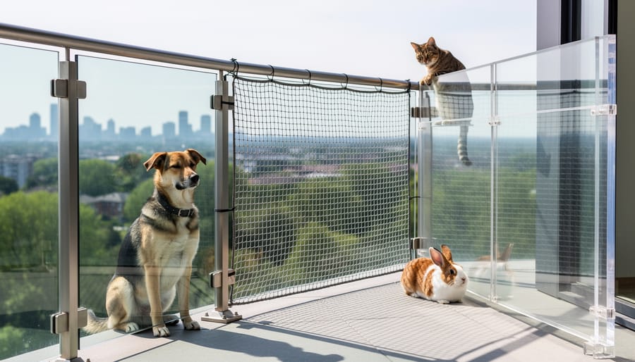 Small dog behind transparent balcony protection and cat near mesh netting on a safe apartment balcony.
