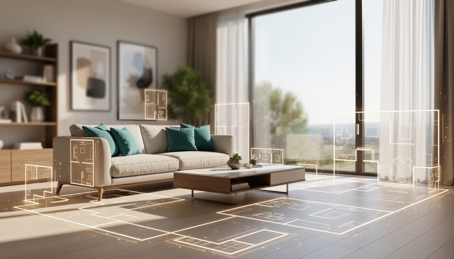 “Modern sunlit living room interior with sofa and coffee table, featuring subtle glowing AI-inspired hologram light trails over the layout area.”