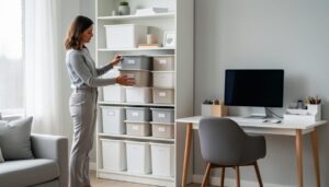 A home organizer arranging clean storage bins on open shelves in a bright Canadian living room with a tidy home office corner in the background.