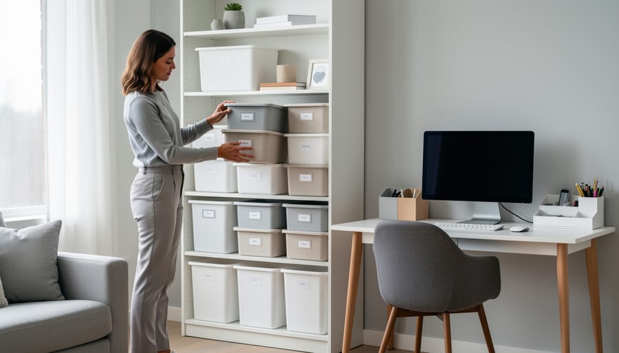 A home organizer arranging clean storage bins on open shelves in a bright Canadian living room with a tidy home office corner in the background.