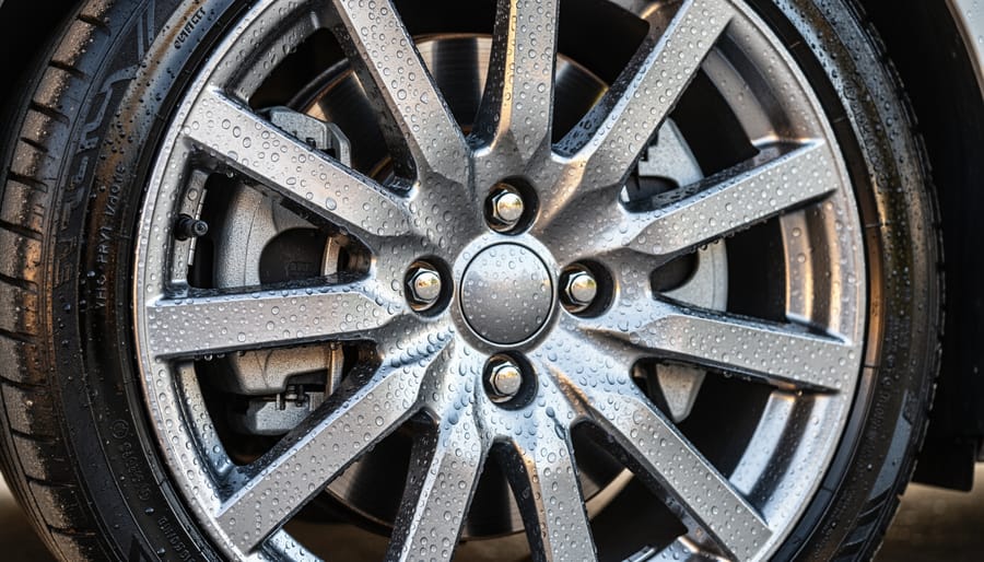 Clean car wheel with water droplets beading on the rim and spokes