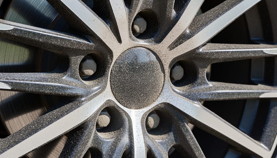 Close-up of a car wheel with visible brake dust on the rim