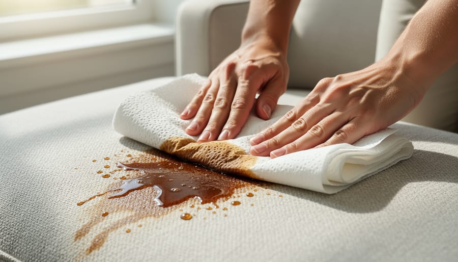 Close-up of a person’s hands blotting a coffee spill on car seat fabric with a white paper towel.