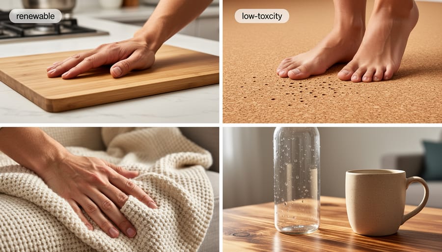 Close-up of hands examining a wood sample and natural cork tile outdoors