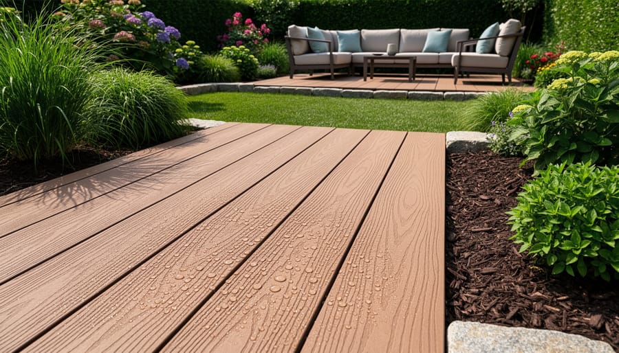 Close-up of rain-beaded composite deck board with green plants in the background