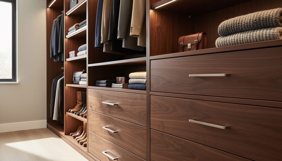Close view of a wood-toned closet organizer with shelves and drawers