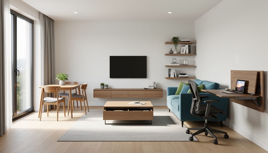 Compact bedroom showing an efficient furniture arrangement with bed, desk chair, and bookshelf