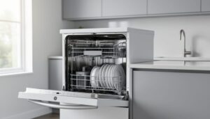 A modern portable dishwasher in a bright kitchen, representing the GE buying guide and proper setup guidance.