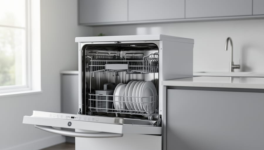 A modern portable dishwasher in a bright kitchen, representing the GE buying guide and proper setup guidance.