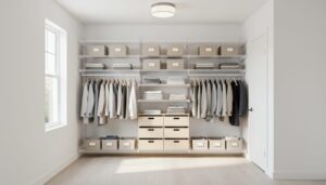 Bright reach-in closet featuring wire shelving, a hanging rod, and neatly organized shelves and bins.