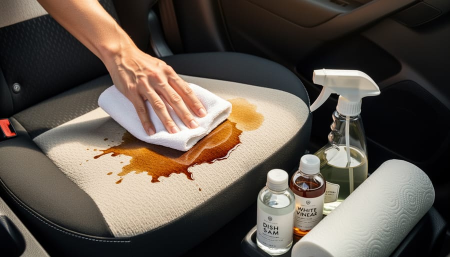 “White microfiber towel blotting a fresh coffee stain on a car seat with dish soap and white vinegar supplies nearby.”