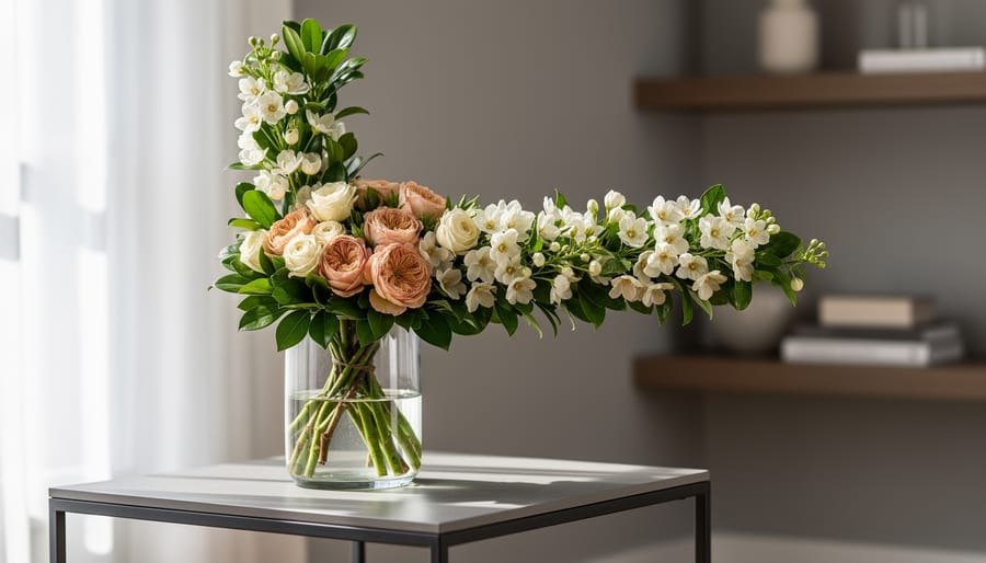 An Ikebana-inspired L shape floral arrangement in a clear vase, with tall vertical stems and a perpendicular horizontal bloom line against a softly blurred corner table background.