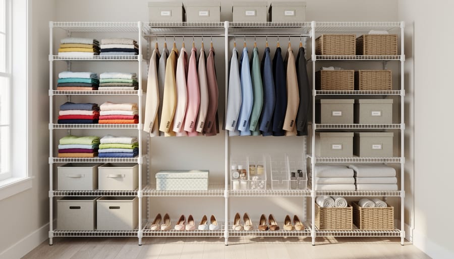 Organized reach-in closet with wire shelving, hanging clothes, and neatly arranged storage items